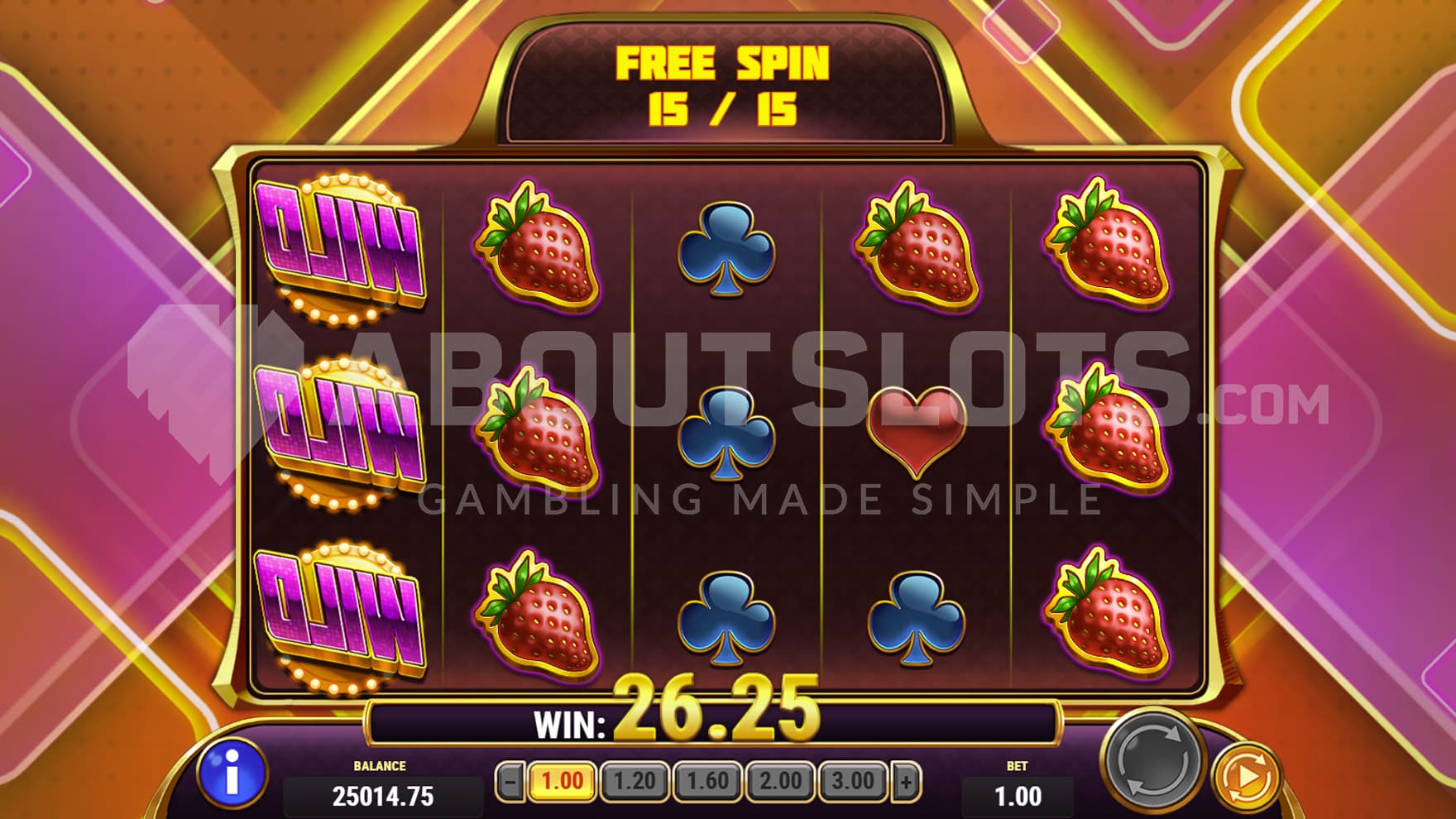 Free Spins bonus in progress, showing gameplay on an inverted grid, with a stack of Wild symbols on the first reel.