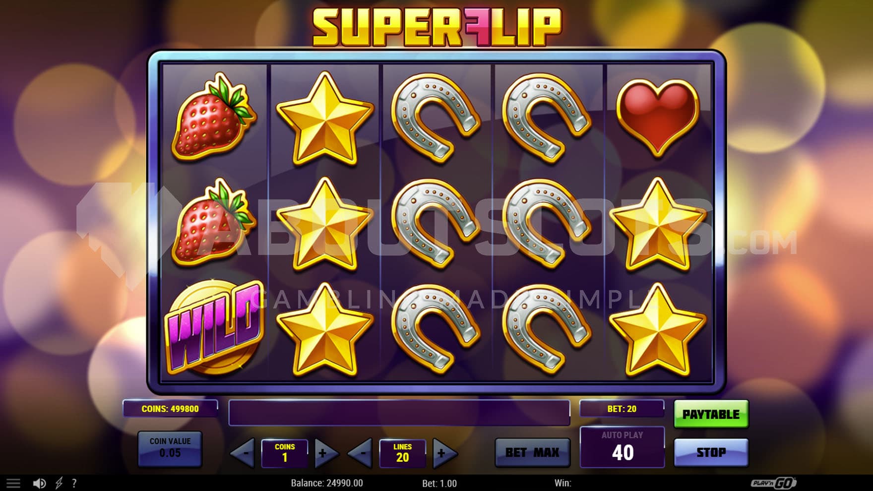 Base Game view showing a 5x3 grid with classic symbols on a backdrop of blurred lights.