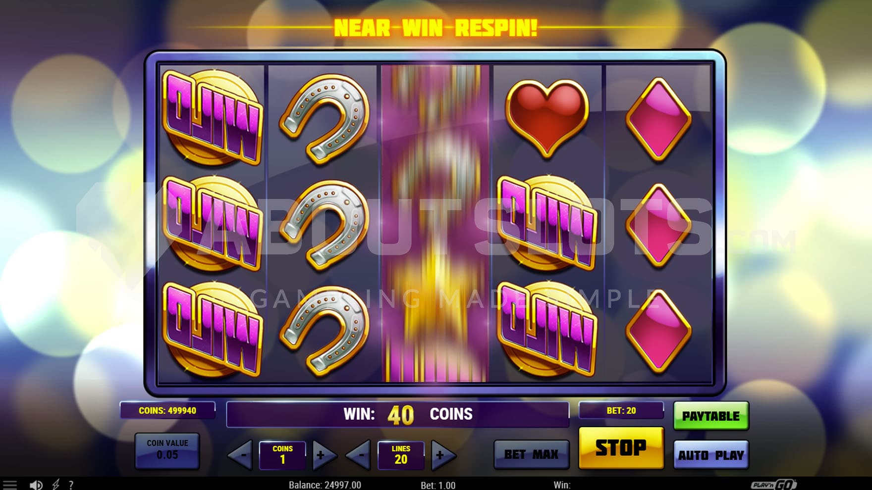 Free Spins bonus in progress showing flipped reels and the Near Win Respin feature triggered.