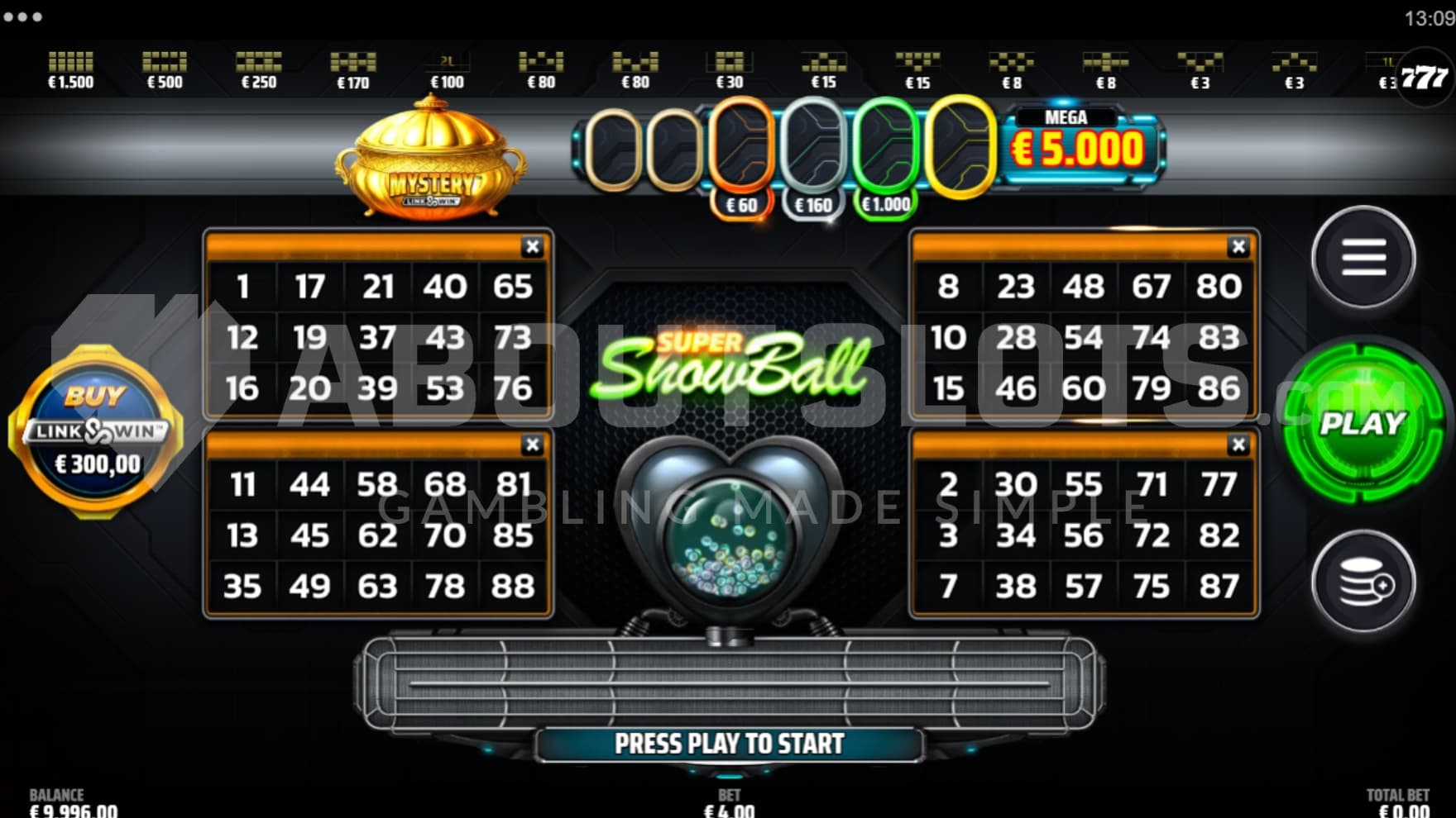 A video bingo game with four bingo tickets.