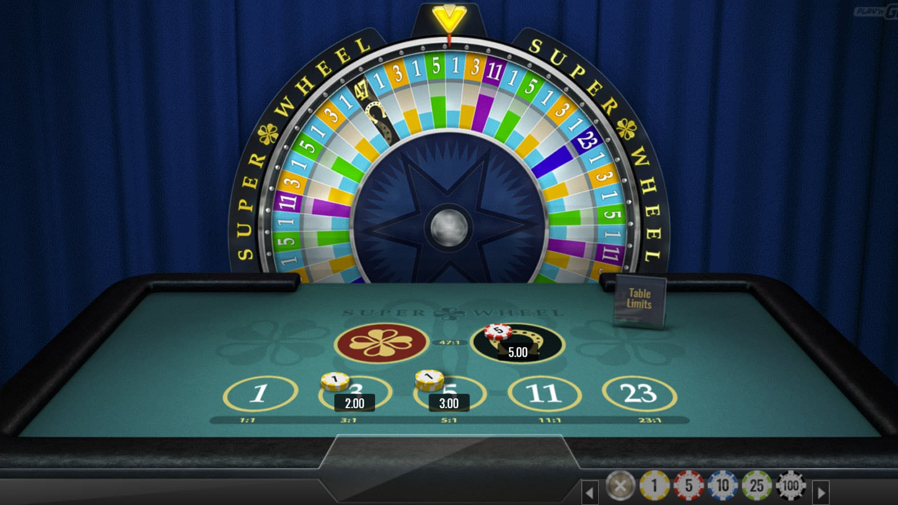 Base Game view of a casino table with a wheel of fortune behind it.