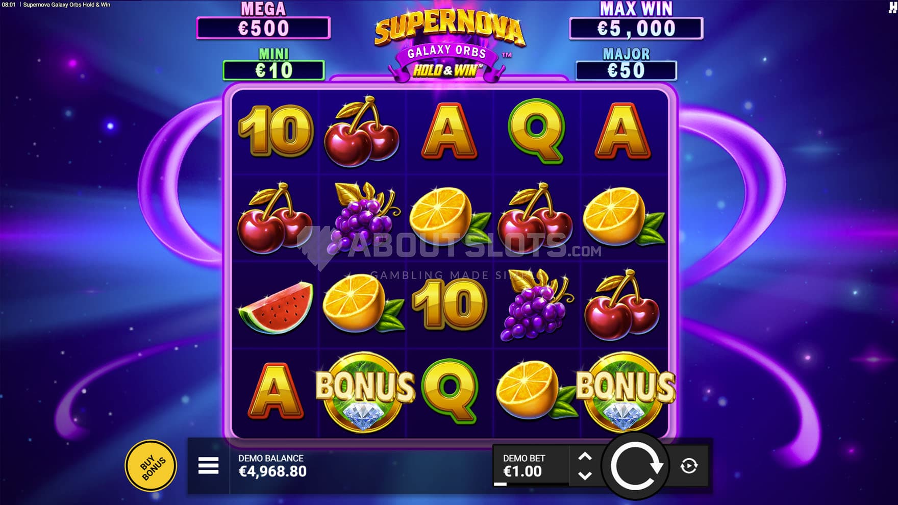Screenshot of the base game, with a 5x4 grid on a backdrop of outer space.