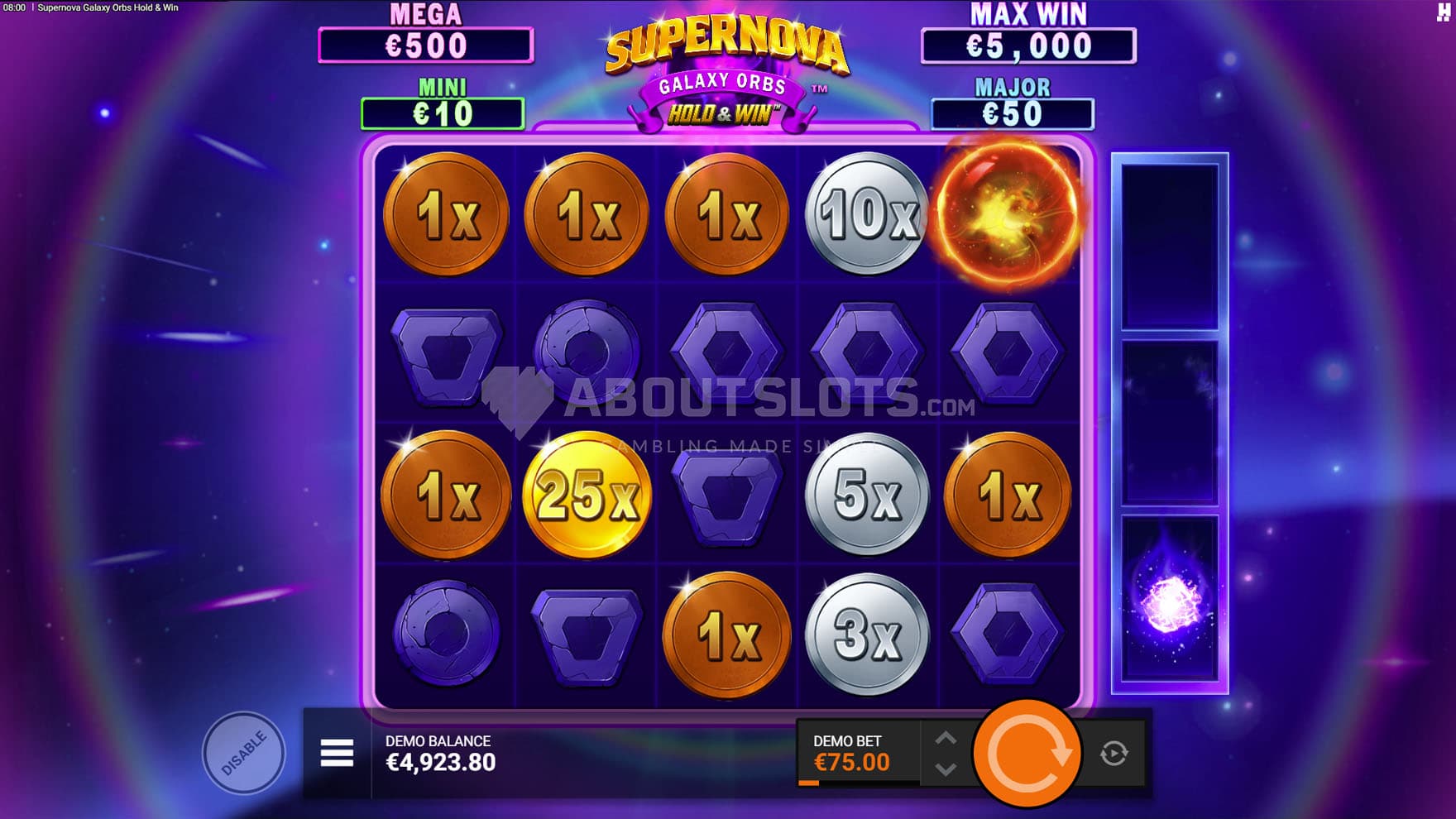 Screenshot of the Hold&Win feature in progress, with multiple coins with multipliers locked on the grid.