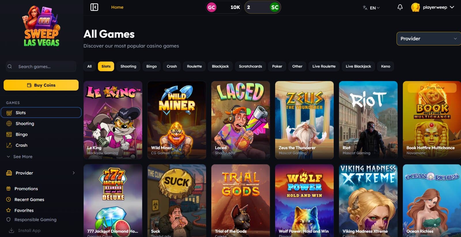 Sweep Las Vegas Casino's games page featuring the slots, table games, bingo and live dealer options under main category tabs, provider filter and side pages