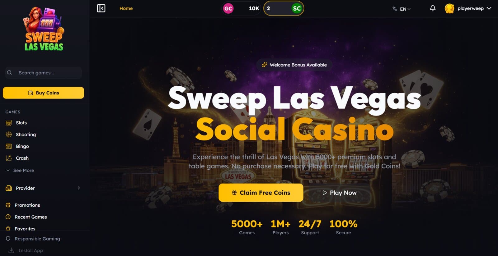 Sweep Las Vegas Casino's landing page featuring the main home banner and navigational menu with games and promotions