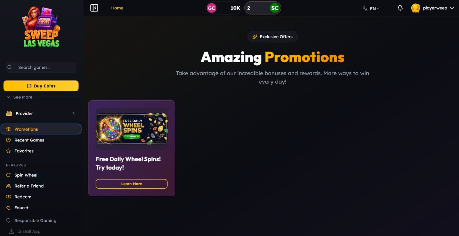 Sweep Las Vegas Casino's promotions page featuring the free spins daily wheel promotion with left side platform menu
