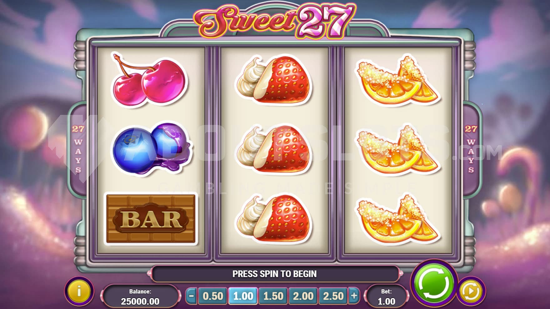 Base Game view of a 3x3 grid on a blurry backdrop depicting a candy land.