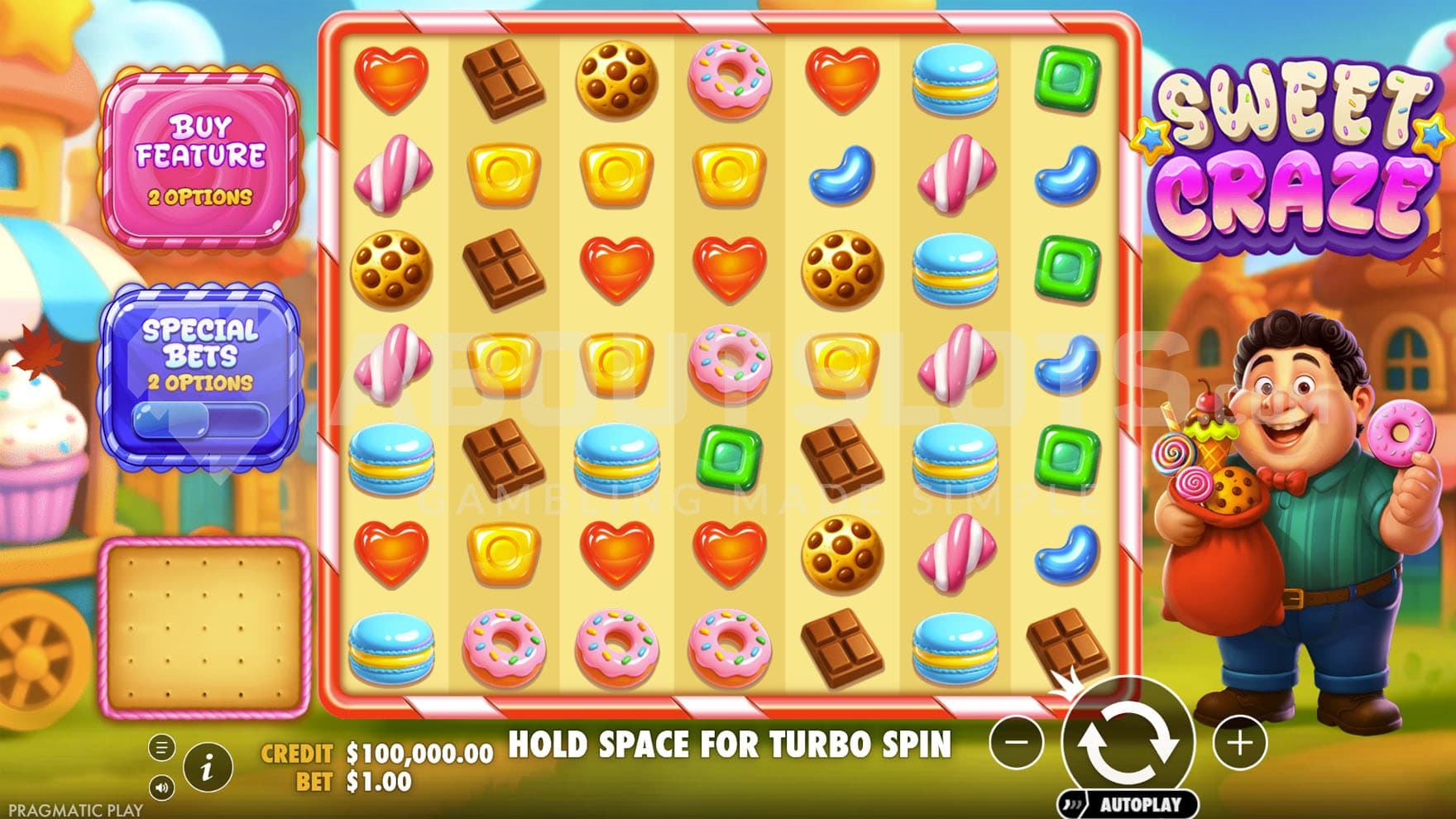 Base Game view of a 7x7 grid on a backdrop of a cartoon candy land with a boy standing on the right.
