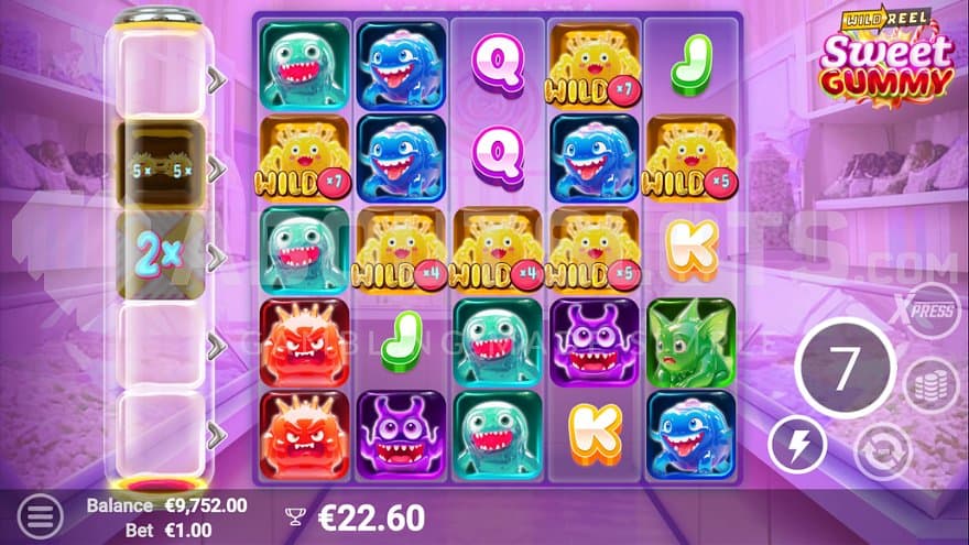 Wild Symbols with multipliers on reels 1, 2, 3, and 4 in the Free Spins.