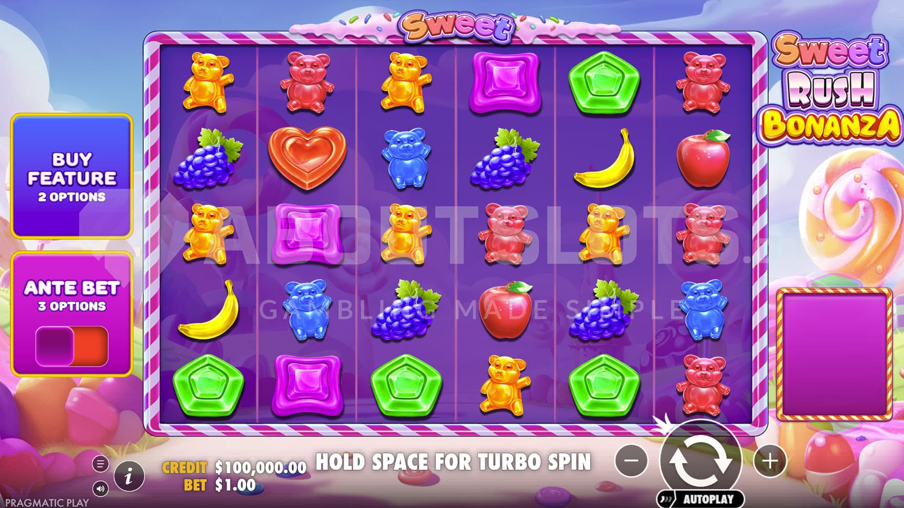 Base Game view of a 6x5 grid on a colorful backdrop showing a candy land.
