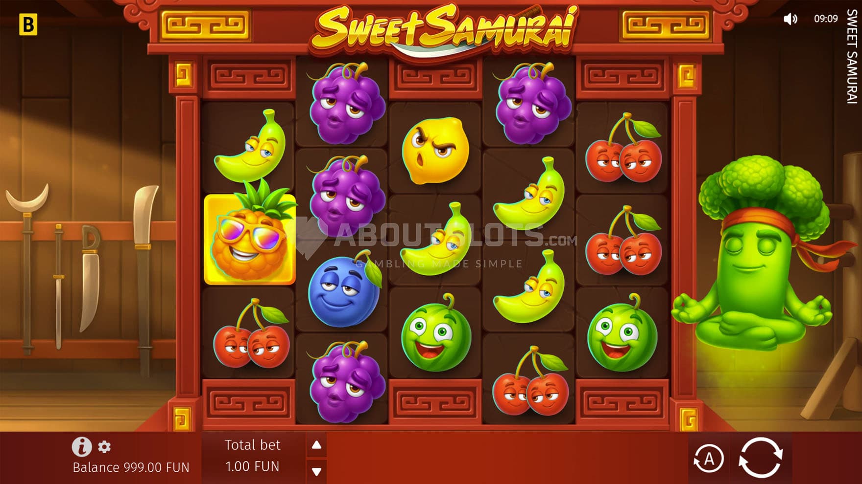 Base Game view of a 5-reel grid with alternating row setup on a backdrop of a dojo ran by a broccoli samurai.