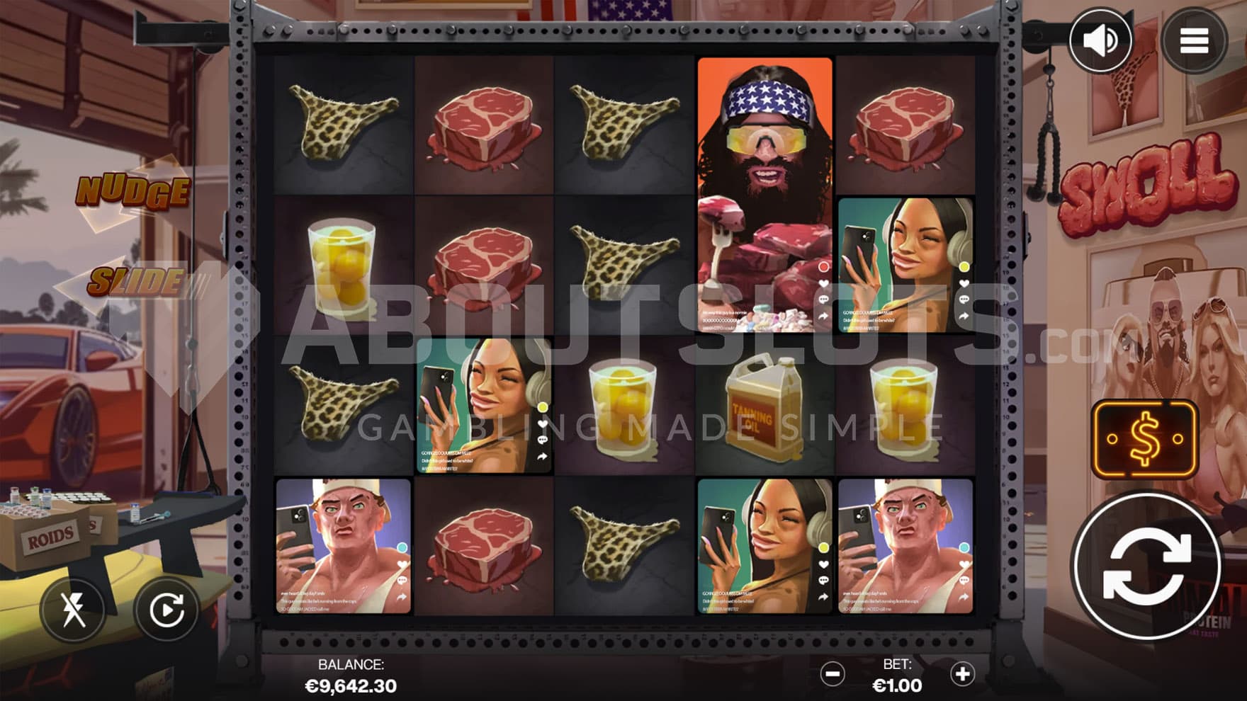 Base Game view of a 5x4 grid on a backdrop of a modern gym.