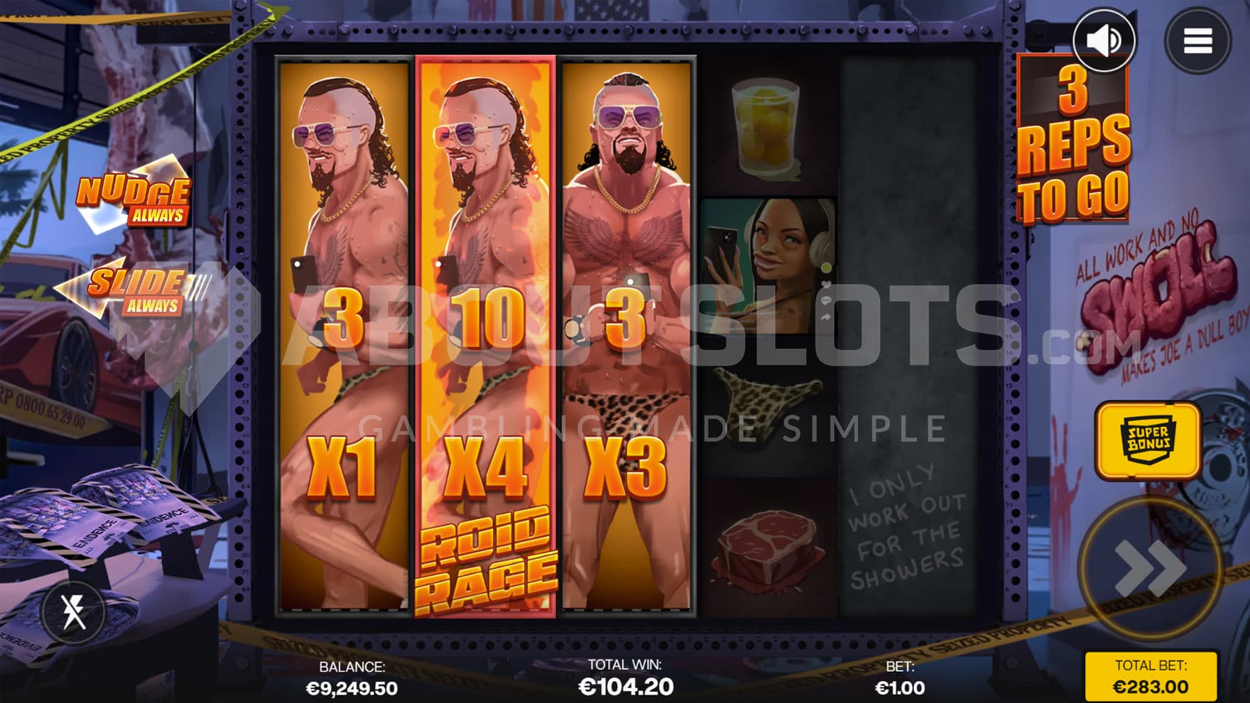 Super Free Spins bonus in progress, showing 3 first reels covered with Swoll symbols with instant prizes and multipliers.