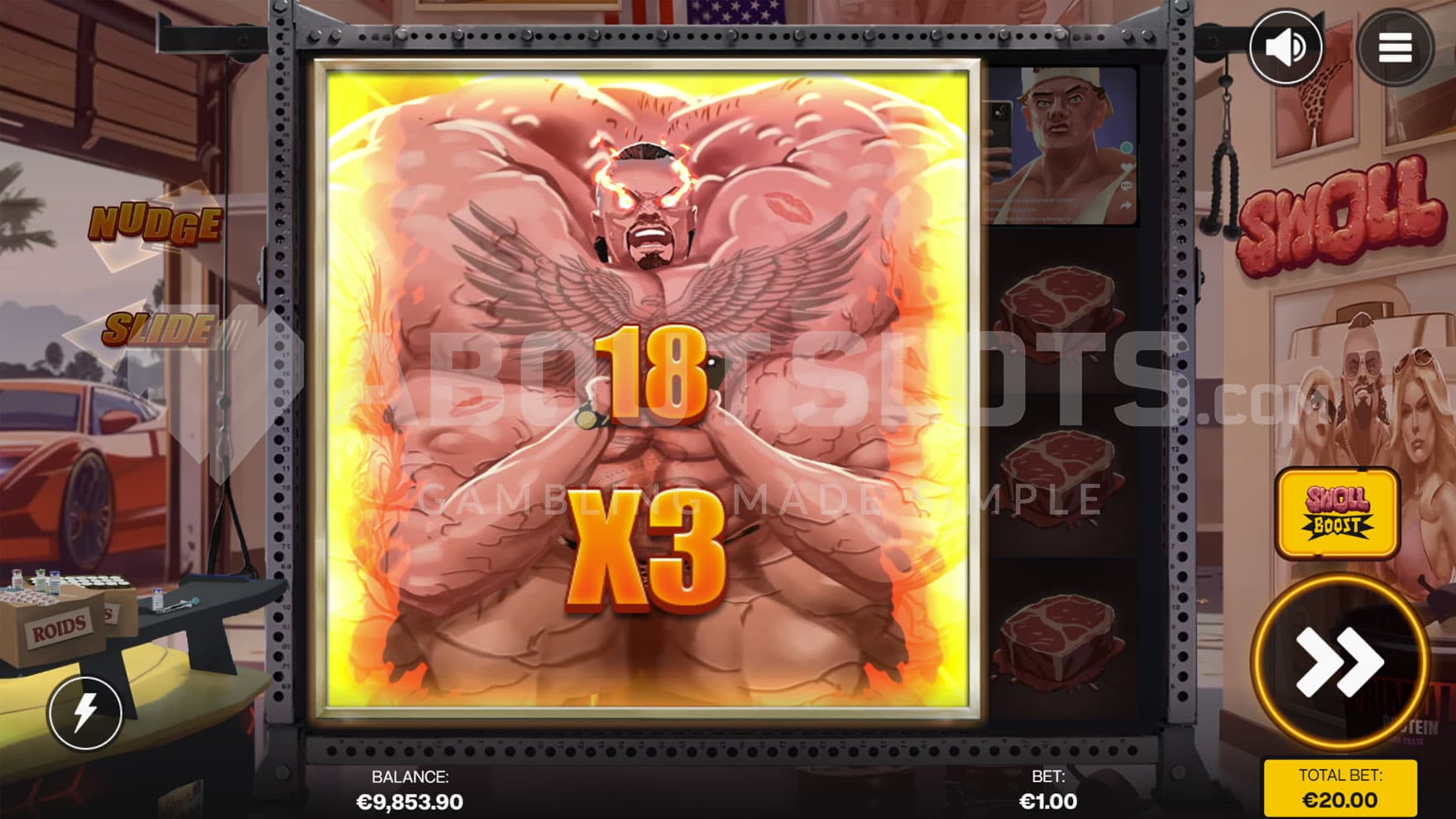 Swoll feature triggered in the base game, showing a merged Swoll on first 4 reels.