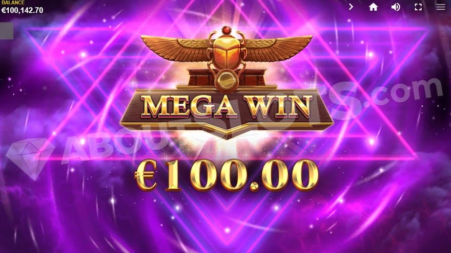 A scarab on a purple background with a text saying "Mega Win €100.00."
