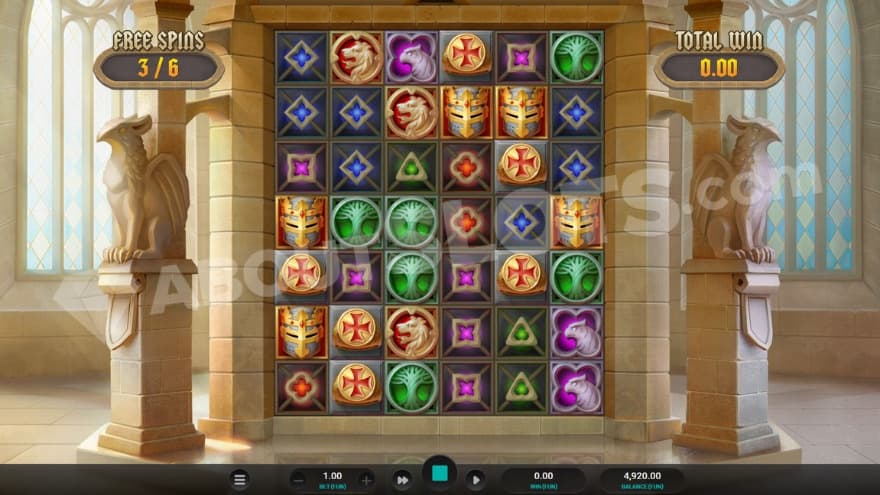 Free Spins bonus game with one griffin statue on each side of the reels.