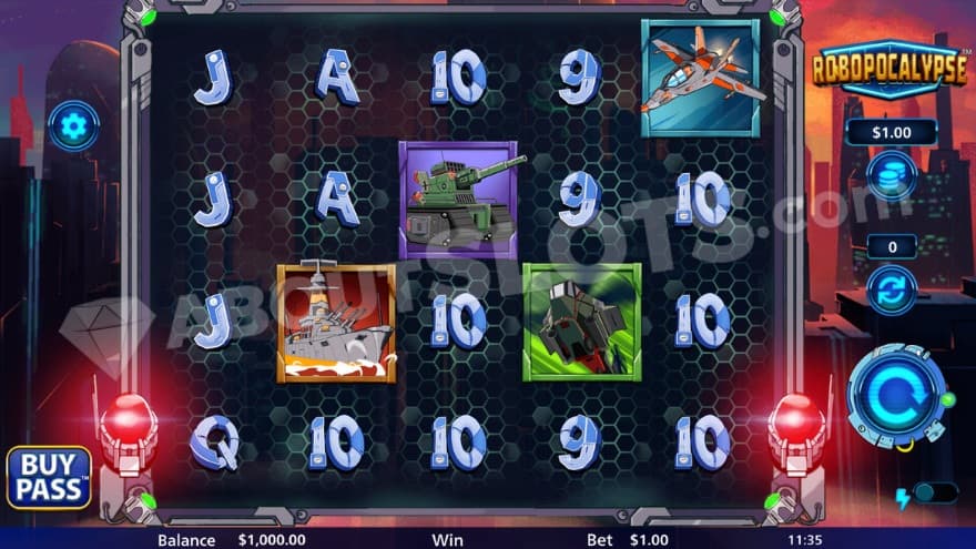 Base game with various war machines on the reels.