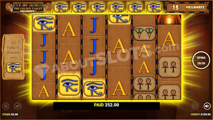Free Games bonus game with all tablets upgraded to the eye of Horus symbol.
