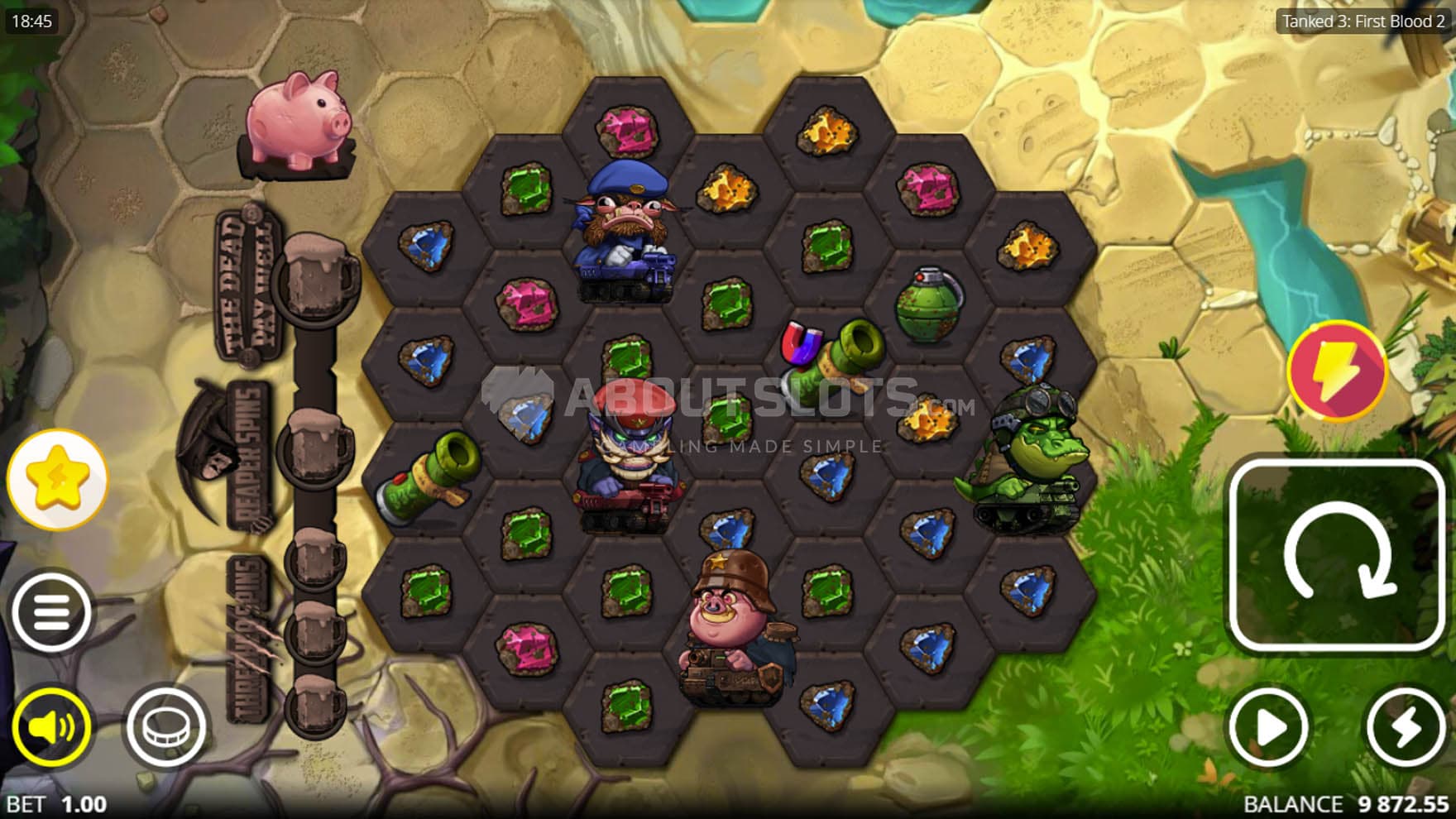 Base Game view of a 7-reel hexagonal grid on a natural backdrop resembling a board game.