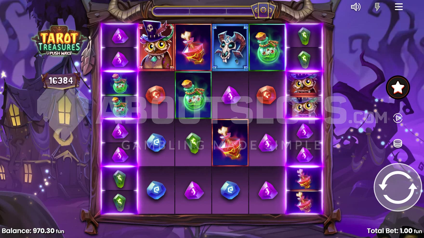 Base Game view of a 6x4 grid on a backdrop of a dark fairytale forest.