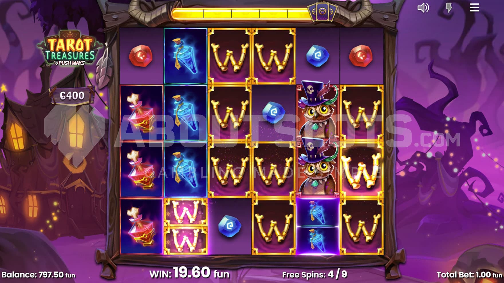 Free Spins bonus in progress, showing multiple Wilds added to the grid through the Cascade Meter feature.