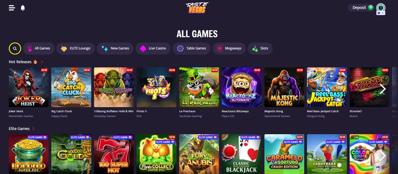 TasteVegas Casino games page featuring the slots and table game selection and icons under main category tabs