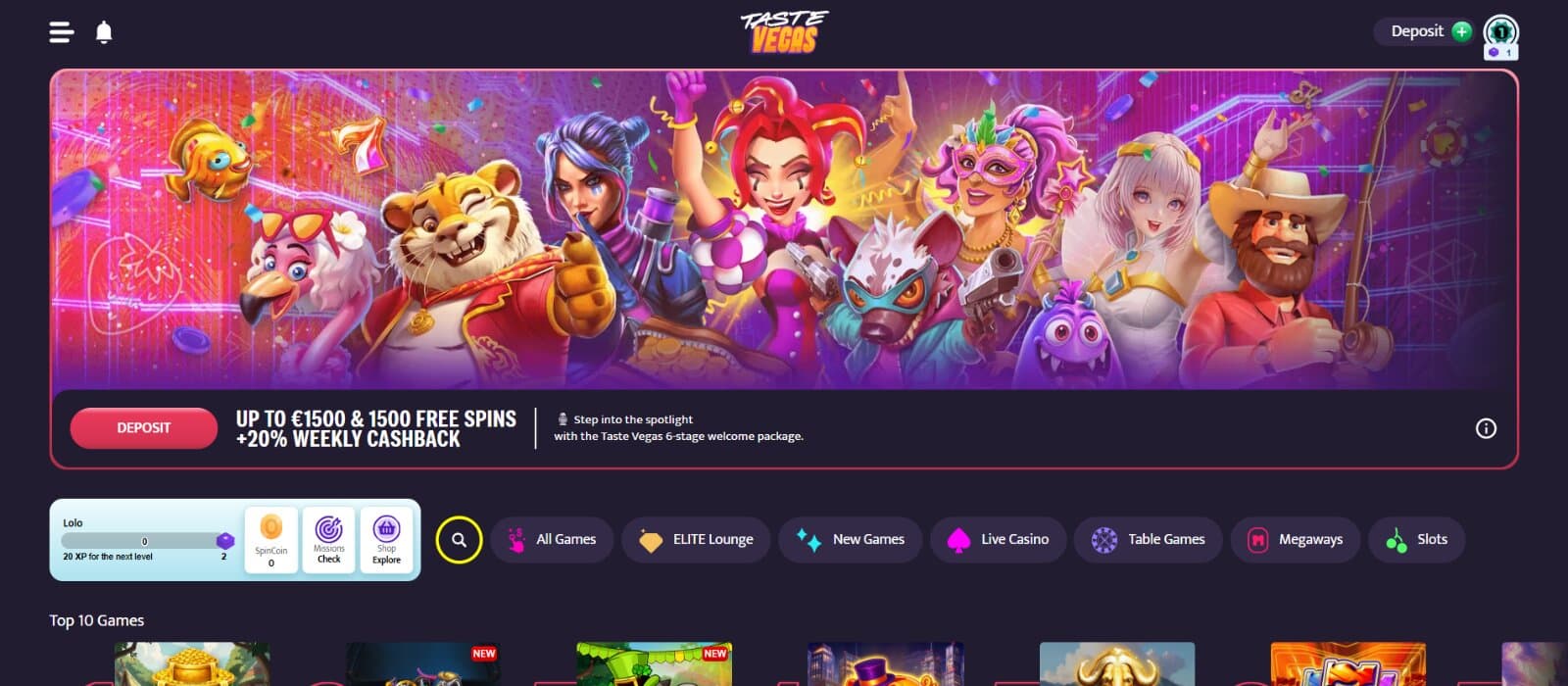 TasteVegas Casino landing page featuring the welcome bonus promotion banner with top 10 games section and tab menus