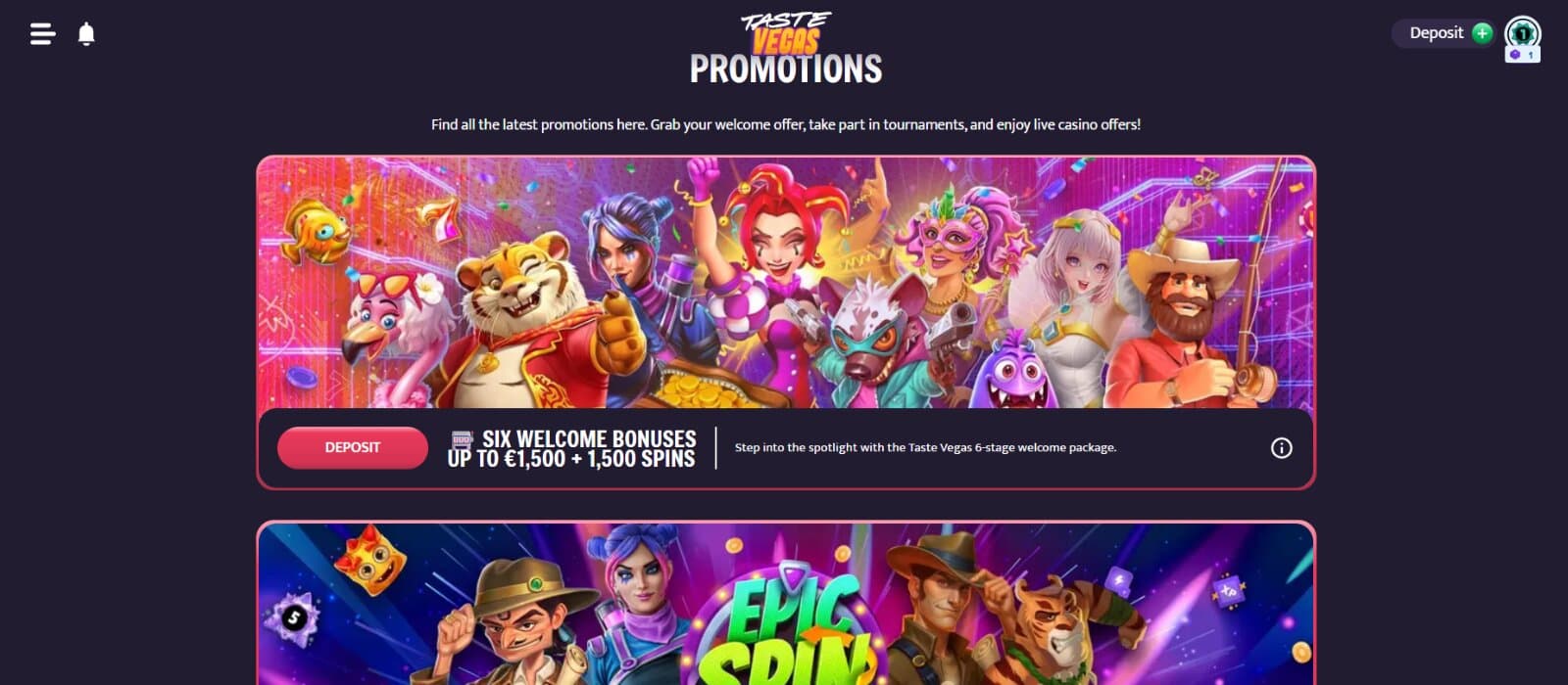 TasteVegas Casino promotions page featuring the welcome bonus, epic spins promotions, with colourful banners with slot characters
