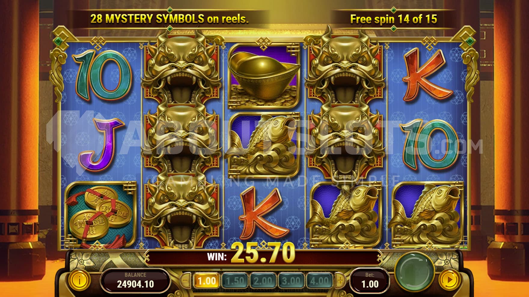 Free Spins bonus in progress, showing spreading Mystery Symbols on reels 2 and 4.
