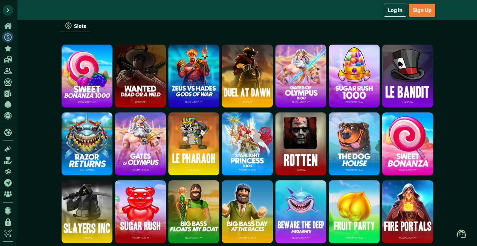 TG.Casino games page with slot titles, Sweet Bonanza, Wanted Dead or Alive, Sugar Rush