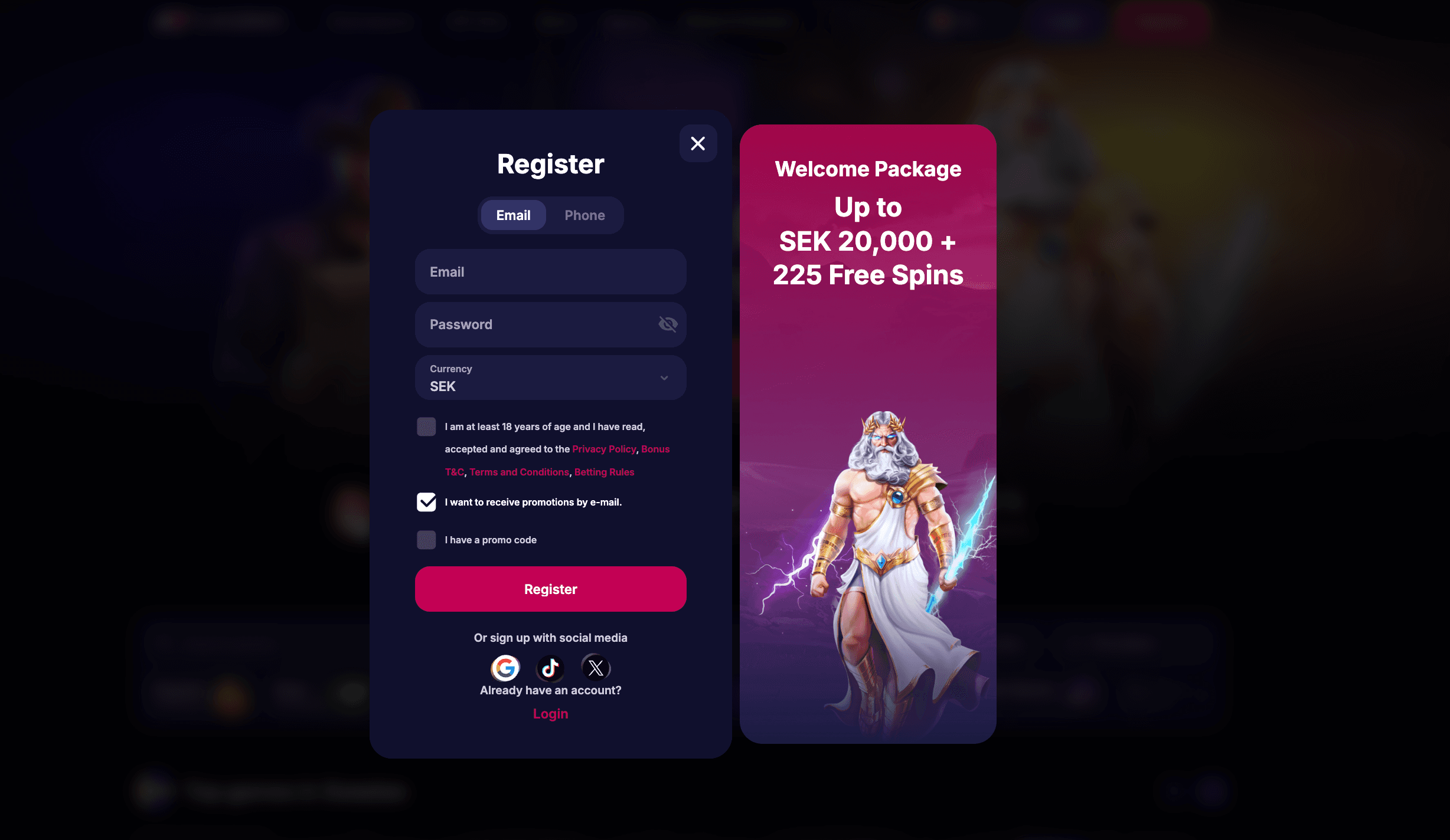 NV Casino promotions page showing the registration form and bonus offer