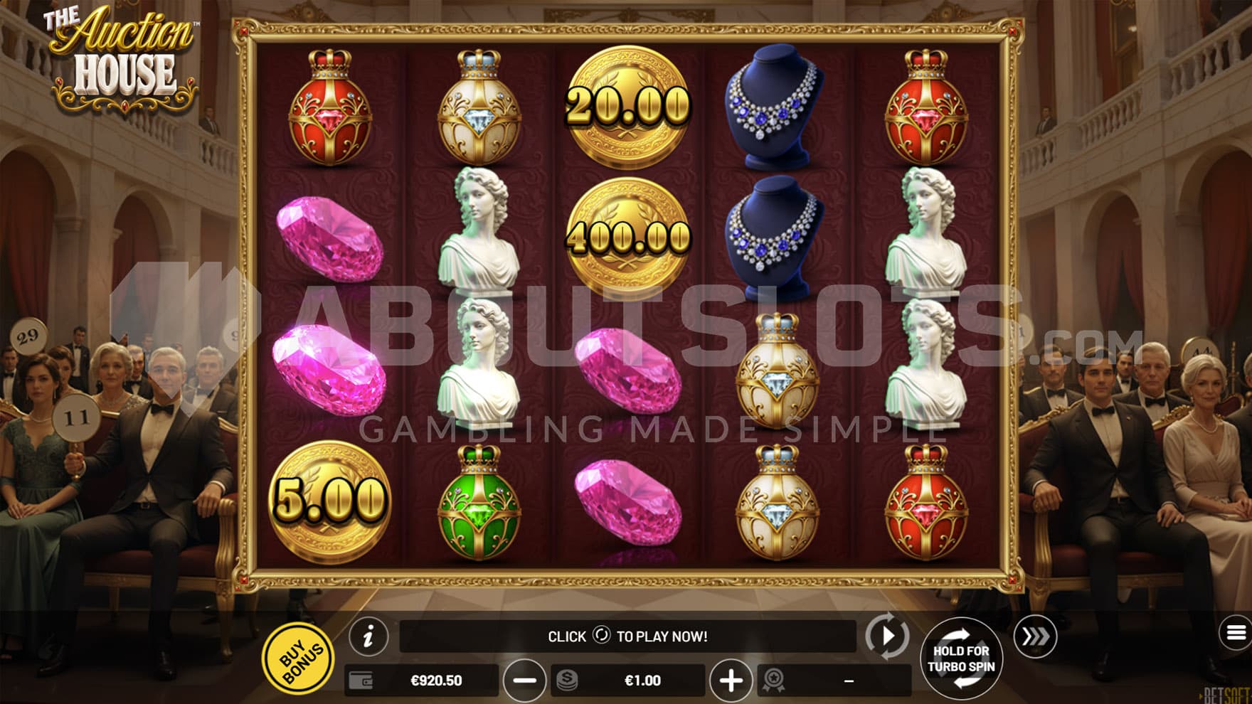 Base Game view of a 5x4 grid on a backdrop of a spacious hall filled with smart-dressed audience.