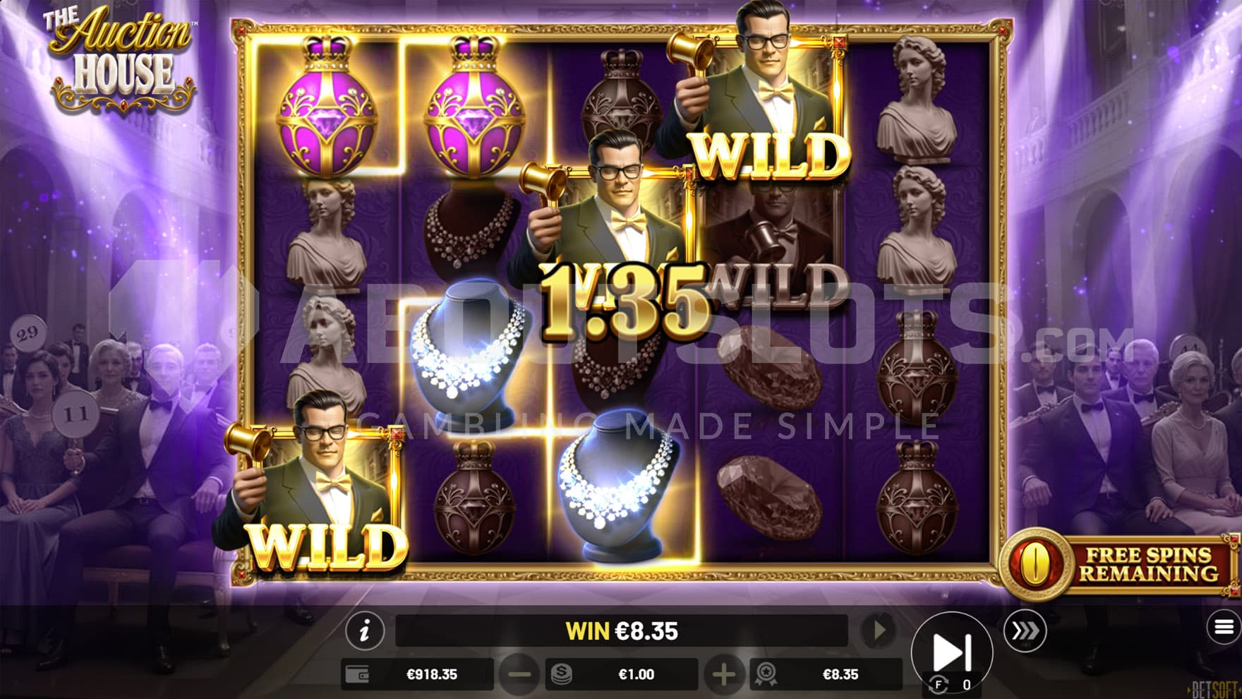 Free Spins bonus in progress, showing a win created with Wild symbols.