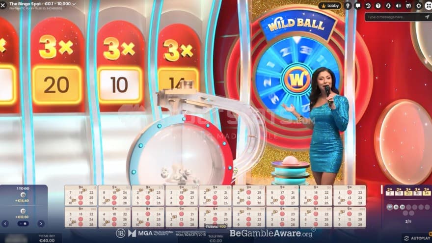 Wild Ball feature being active where the game host stands on the right side.