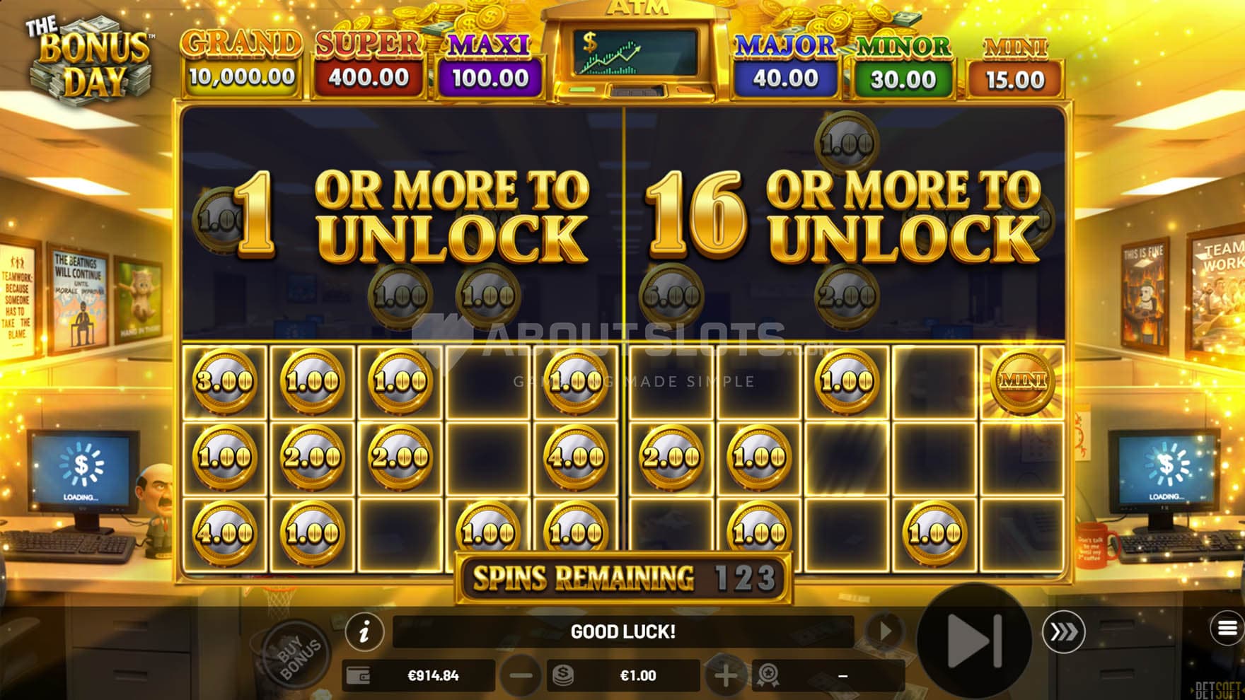 Hold&Win Bonus in progress, showing two out of four grids activated and multiple cash prizes locked in.