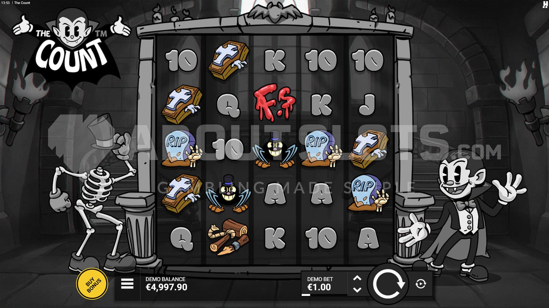 Base Game view of a 5x5 grid on a monochromatic backdrop with two characters standing on the sides, a headless skeleton and the vampire.