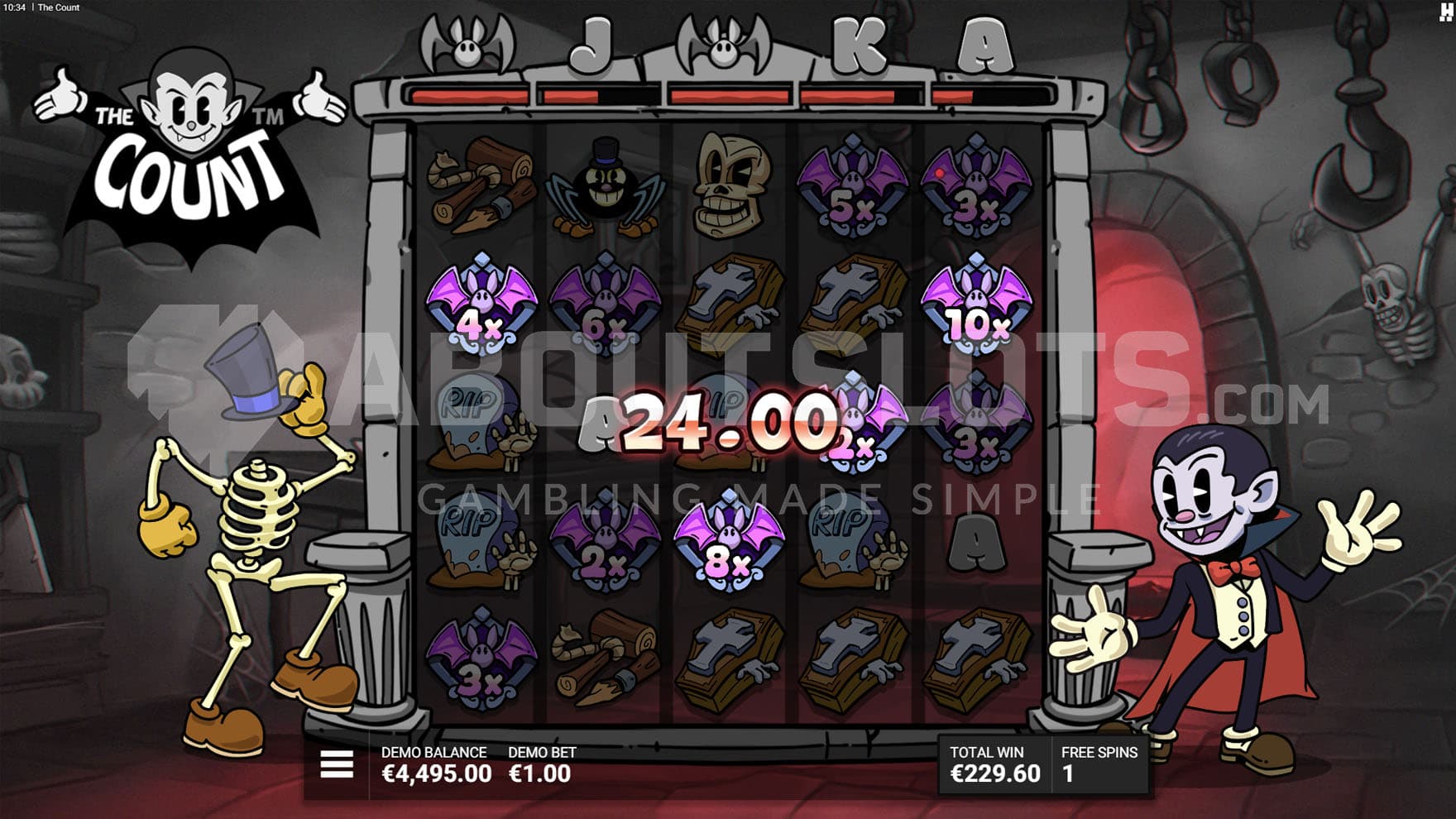 Rest in Pieces Bonus in progress, showing multiple Wild Bat symbols on the grid and two low-paying symbols conversion meter completed.