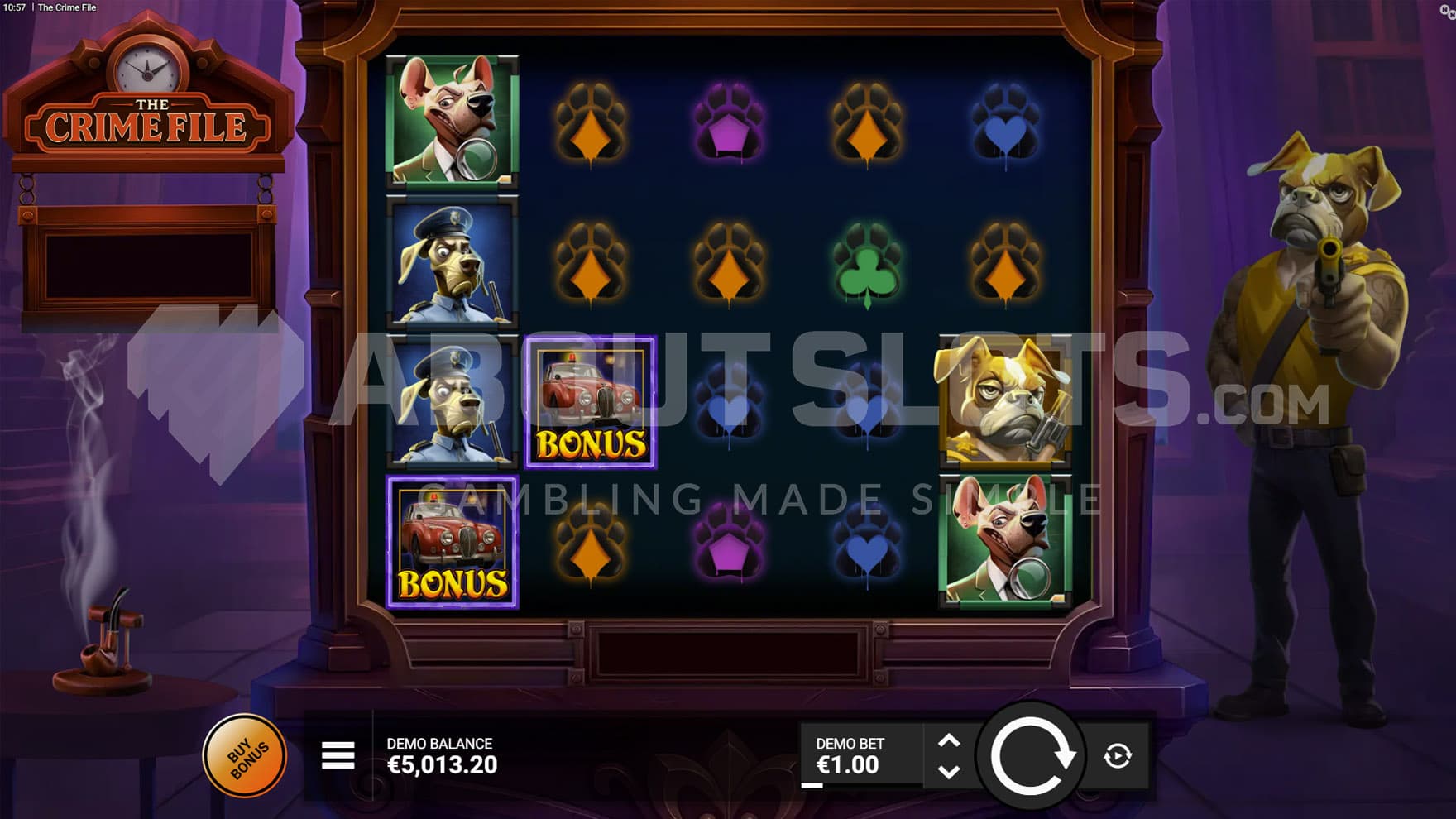Base Game view of a 5x4 grid on a backdrop of a dark urban environment, with a dog thug standing on the right.