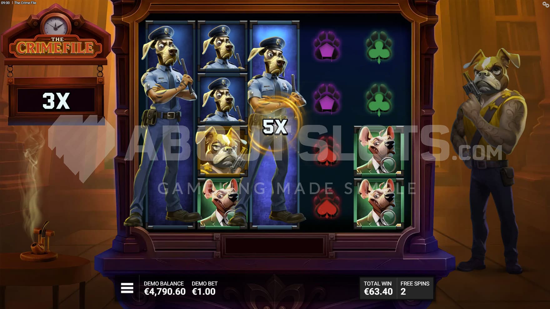 Interrogation Bonus in progrees, showing two fully stacked high symbols awarding multipliers.