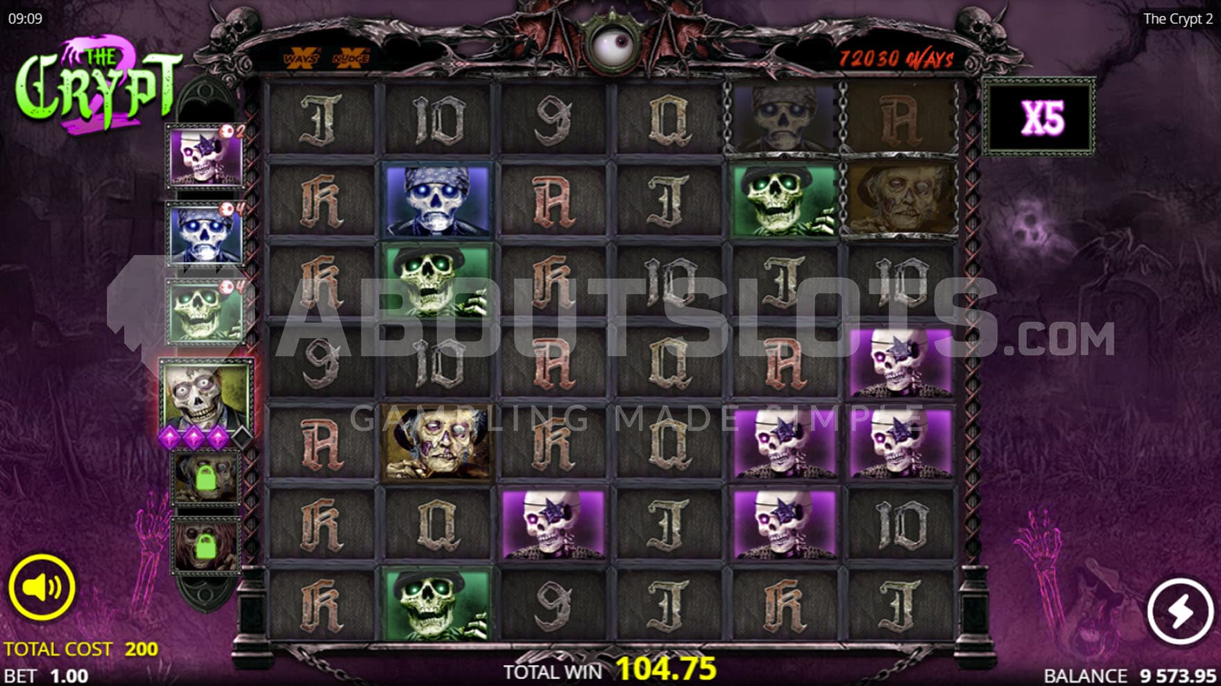 Screenshot of the Entombed Spins bonus in The Crypt 2 slot, showing a 6x7 grid with a symbol upgrade panel on the left.