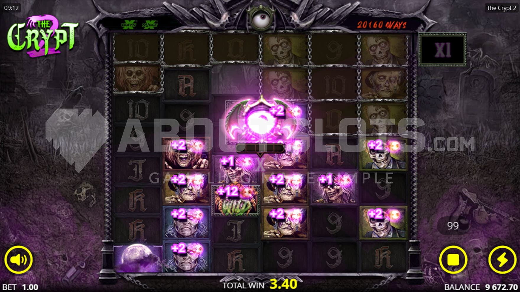 Screenshot of the Eye Collector feature in The Crypt 2 slot triggered in the base game, collecting eyes from the high-paying symbols.