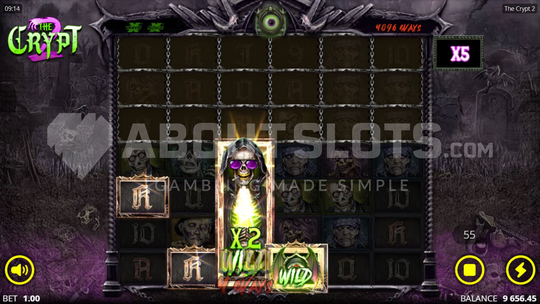Screenshot of the xNudge Wild feature of The Crypt 2 slot, showing an expanded Wild with a multiplier of x2.