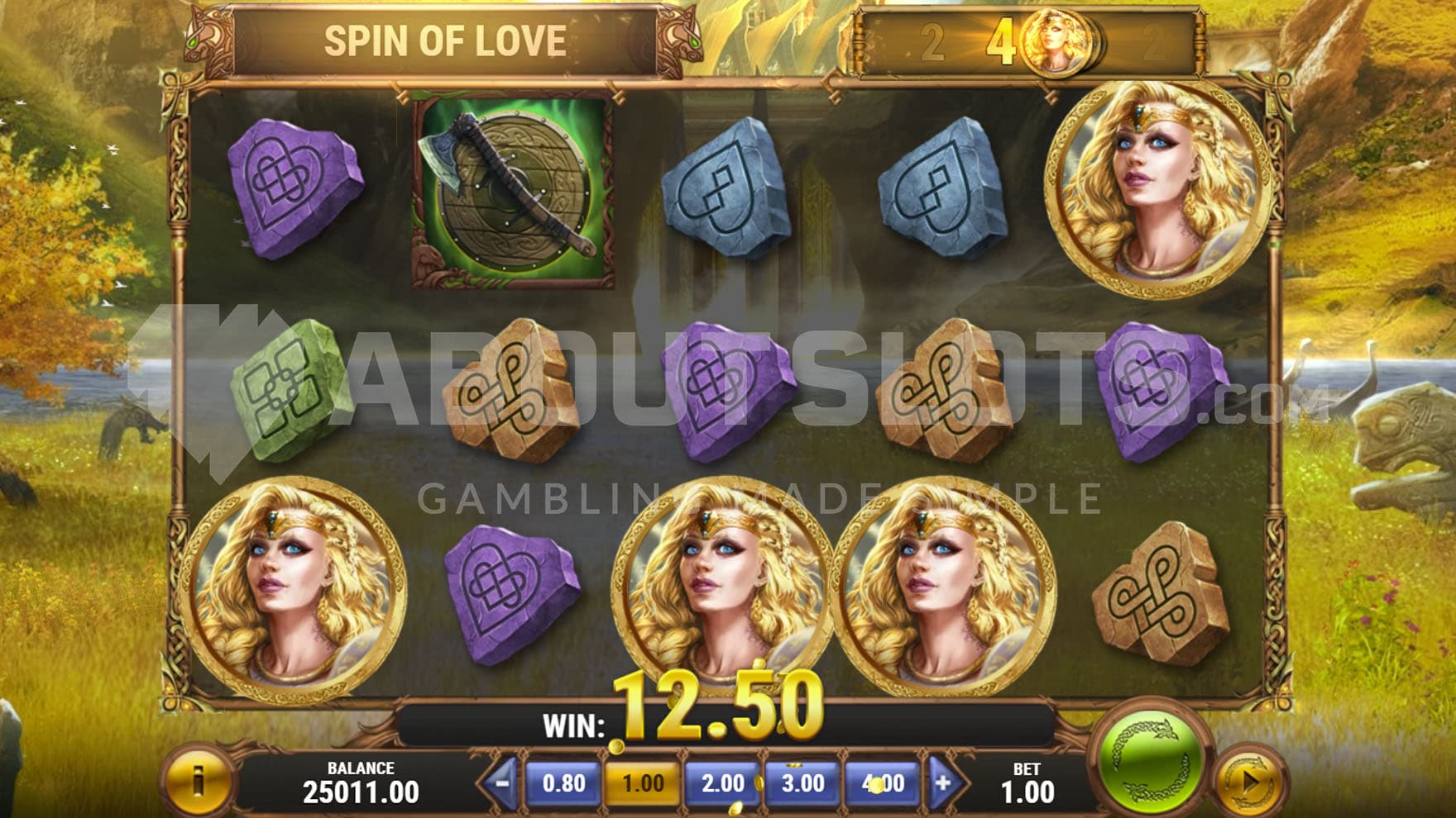 Spin of Love feature triggered in the base game, adding four Wilds in random positions.