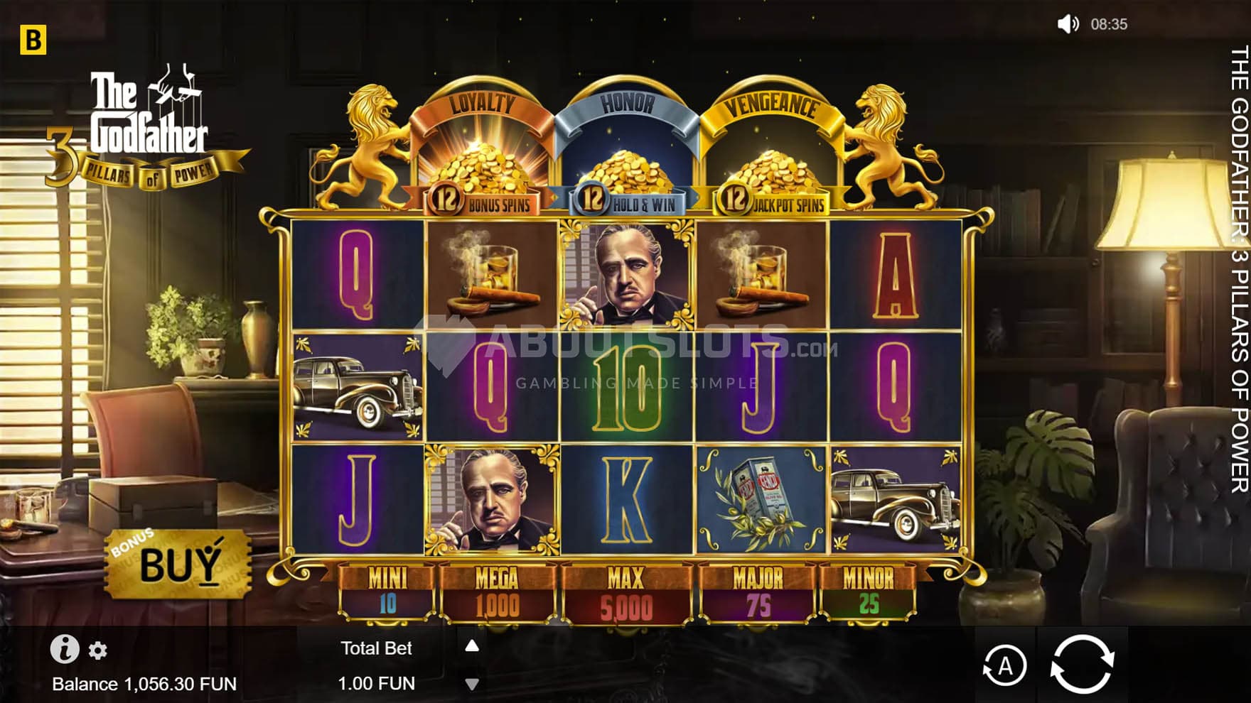 Screenshot of a base game, with a 5x3 grid on a backdrop of a classic, vintage office.