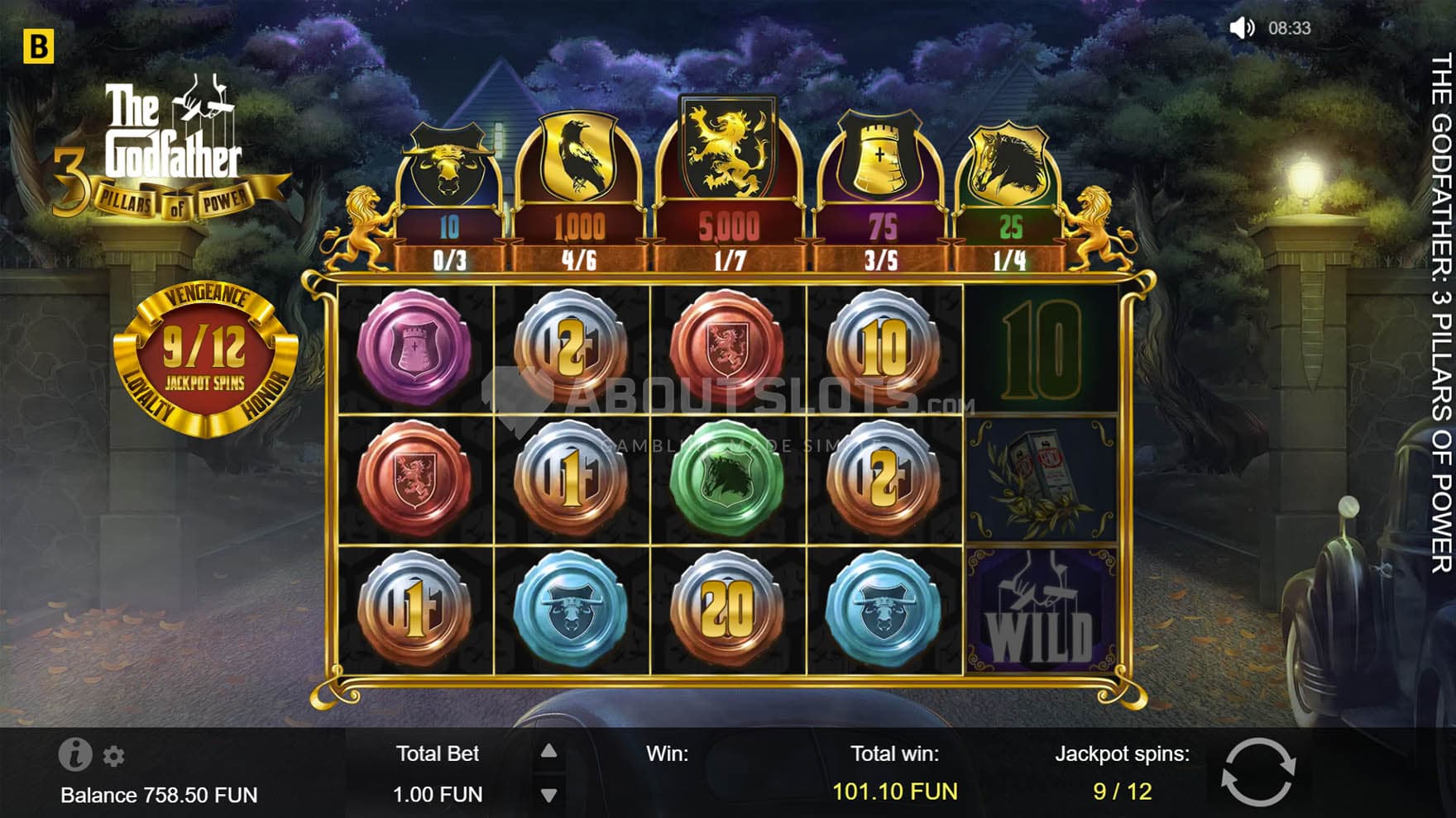 Screenshot of the Bonus Game in progress with multiple cash prizes and jackpot tokens revealed from Mystery Symbols.