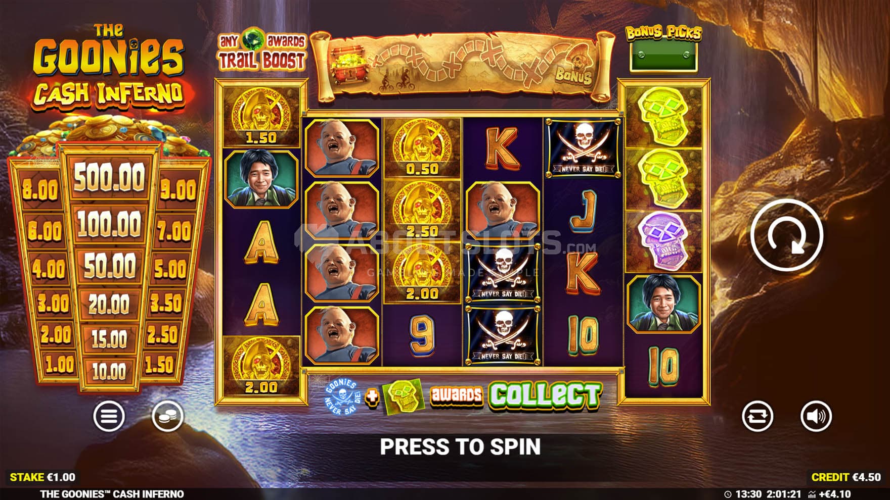 Screenshot of the base game, with a 6-reel grid on a backdrop of a cave.