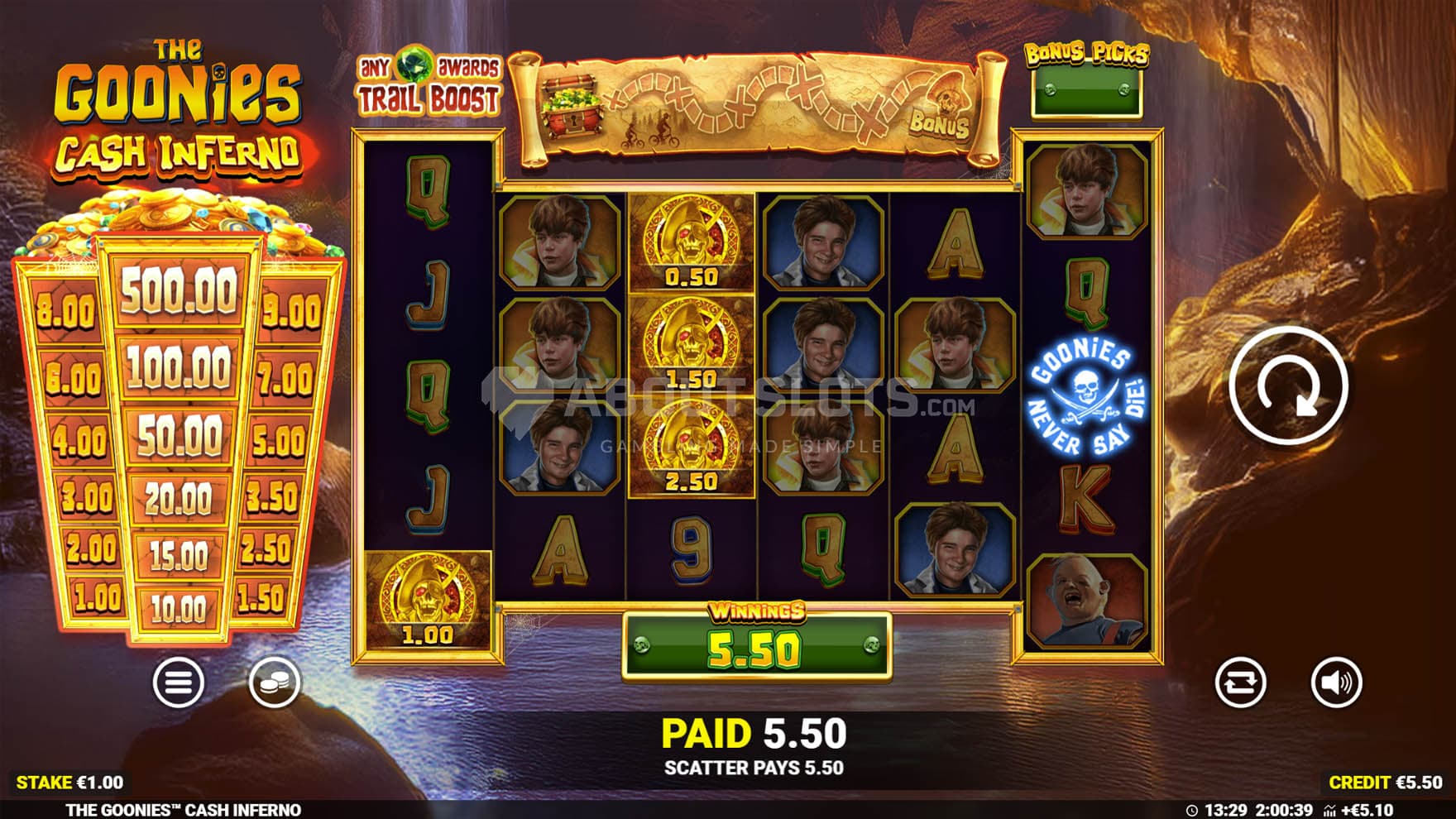 Screenshot of the Cash Collect feature triggered in the base game on reel 6.