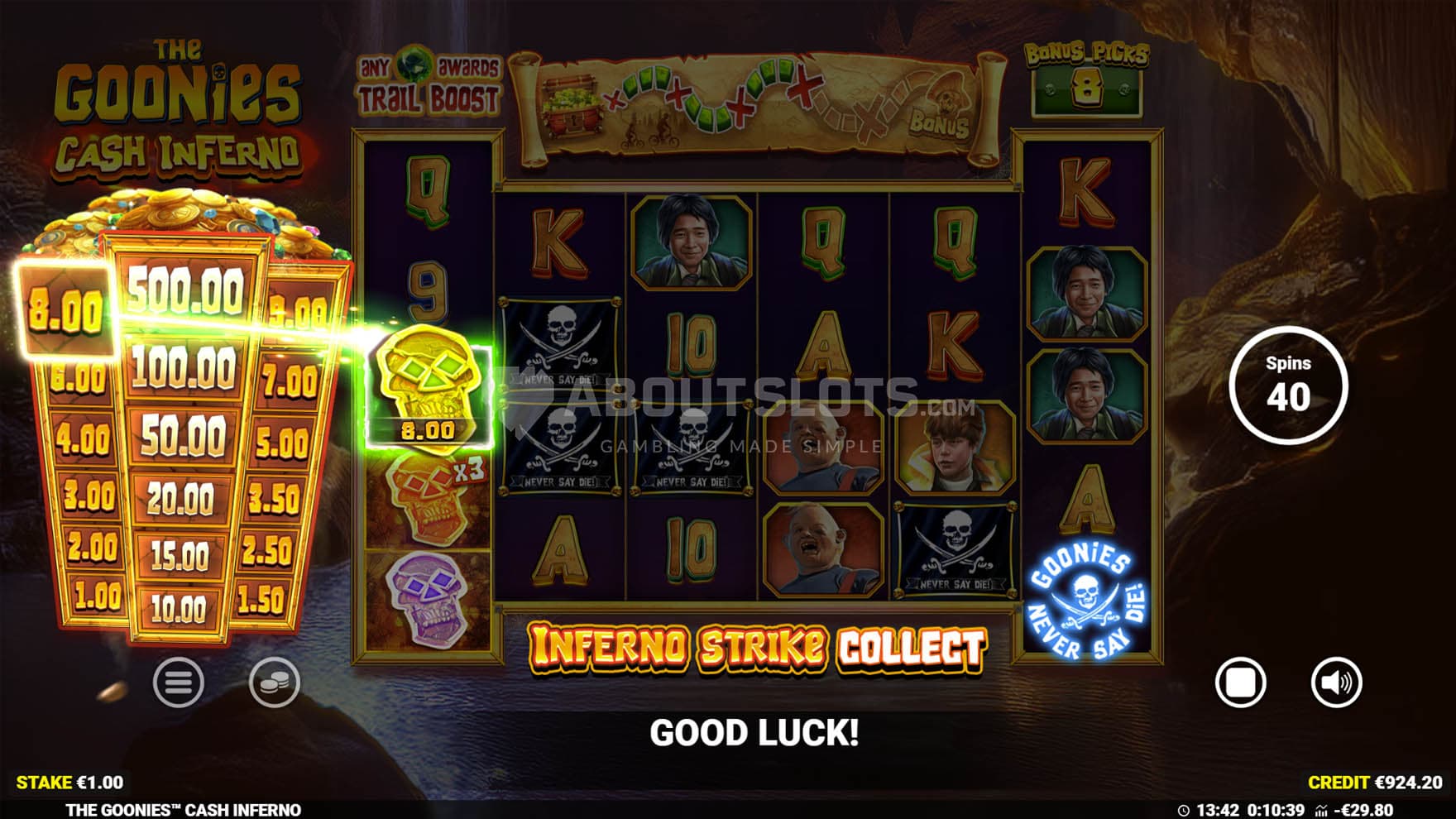 Screenshot of the Cash Inferno feature triggered in the base game, collecting a prize from the additional panel.