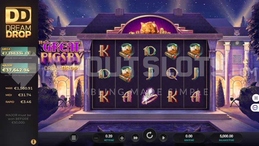 A casino slot in front of a mansion.