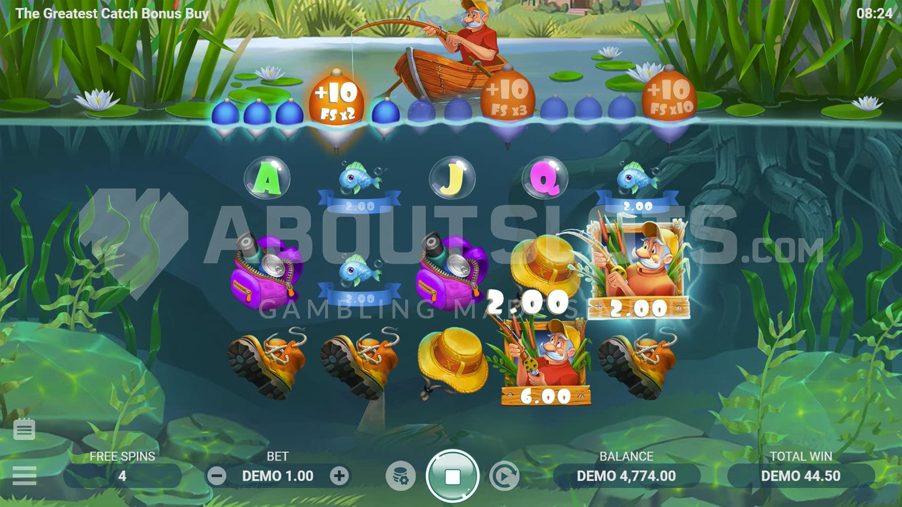 Free Spins bonus in progress, showing 2 Fisherman Wilds collecting fish prizes from the reels.